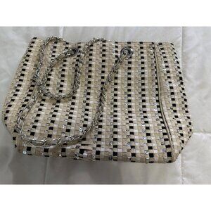Talbots Woven Sequin-Accented Handbag Chain Straps Beige Black Elegant Tote Bag